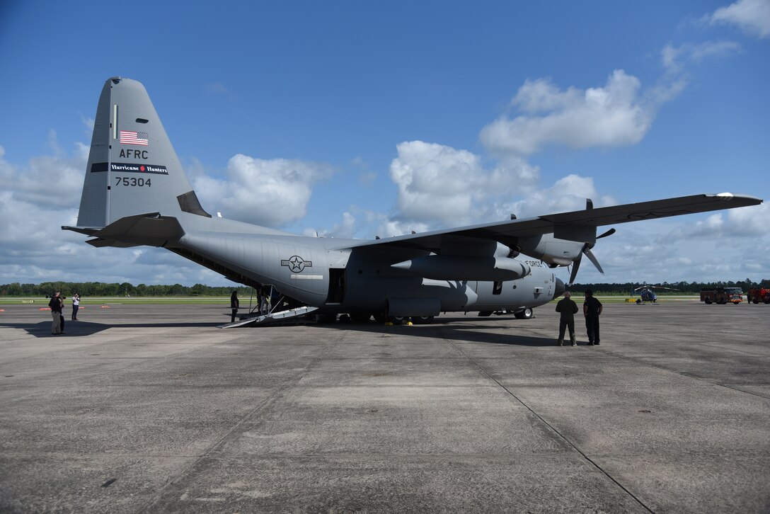 The 53rd Weather Reconnaissance Squadron’s WC-130J Super Hercules also known as the “Hurricane Hunters,” sits ready for the Hurricane Awareness Tour to kick off at Brunswick, Georgia, May 10, 2019. The purpose of the HAT is to help create a weather-ready nation by raising awareness for the upcoming hurricane season occurring June 1-Nov. 30, with emphasis this year on raising awareness about inland flooding. (U.S. Air Force photo by Tech. Sgt. Christopher Carranza)