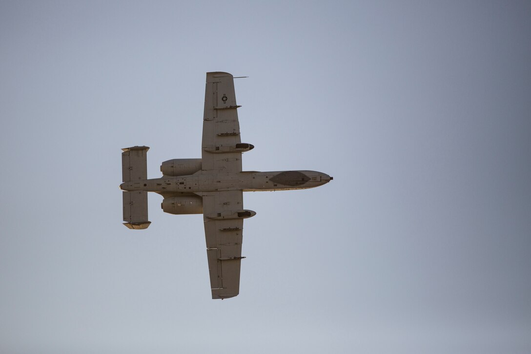 U.S. Air Force A-10 Thunderbolt ll Demonstration Team conducts aerial maneuvers on the Marine Corps Air Station (MCAS) Yuma flight line during the 2019 Twilight Show, March 8, 2019. The A-10 is the Air Force's premier close air support aircraft, providing invaluable protection to troops on the ground. (U.S. Marine Corps photo by Cpl. Hanna Powell)