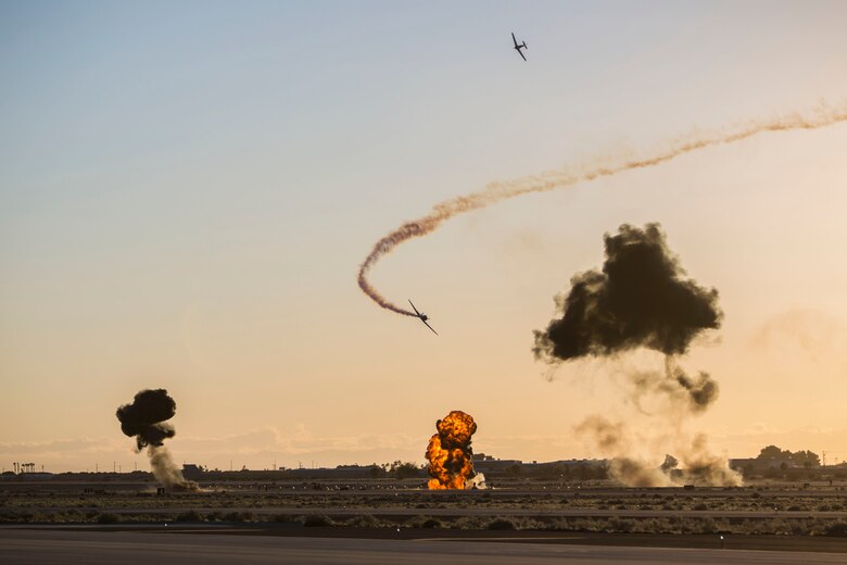 U.S. Air Force A-10 Thunderbolt ll Demonstration Team conducts aerial maneuvers on the Marine Corps Air Station (MCAS) Yuma flight line during the 2019 Twilight Show, March 8, 2019. The A-10 is the Air Force's premier close air support aircraft, providing invaluable protection to troops on the ground. (U.S. Marine Corps photo by Cpl. Hanna Powell)