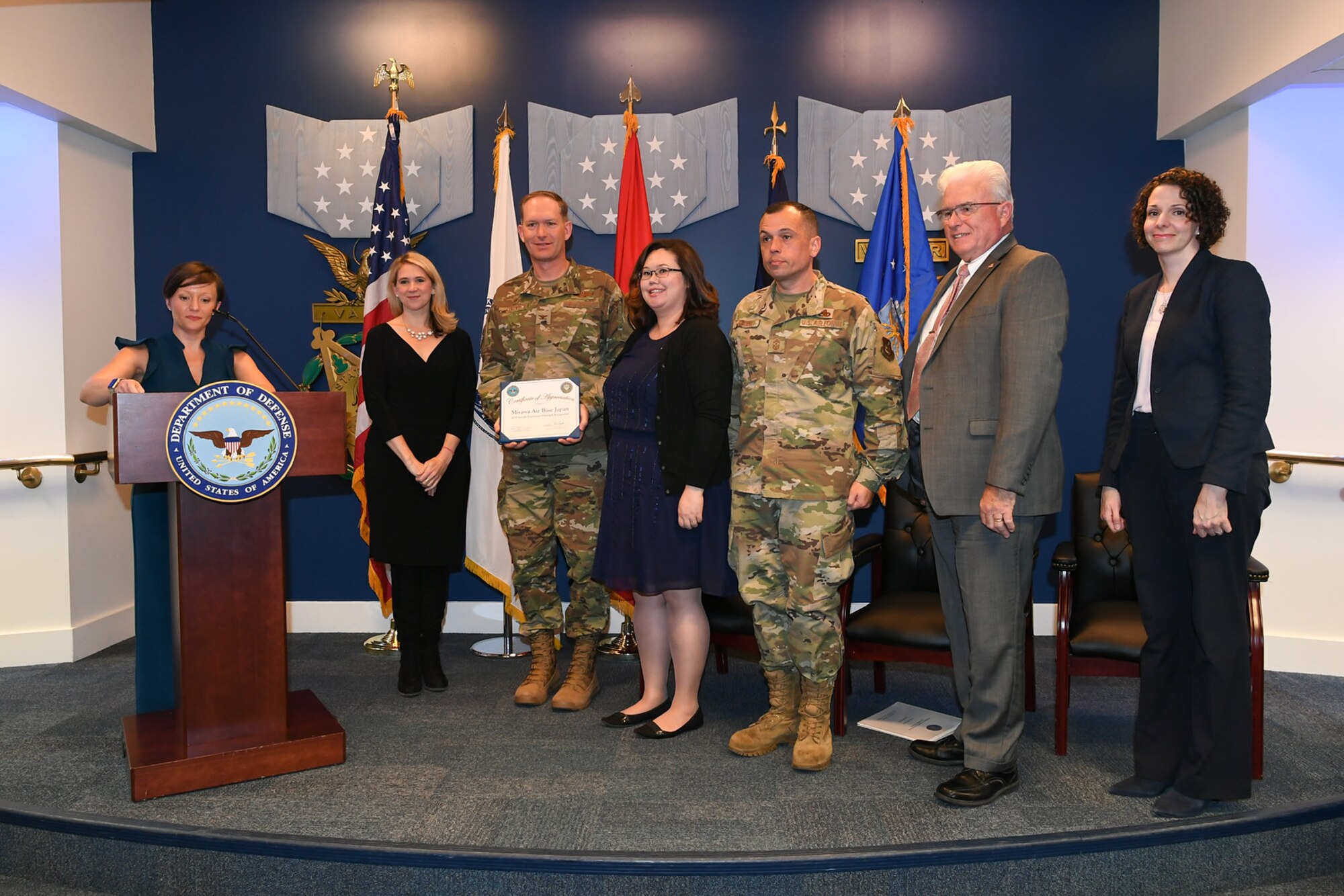 U.S. service members and civilians receive awards in honor of 2018 Defense Suicide Prevention Month at the Pentagon in Arlington, Va., May 15, 2019.  (U.S. Army photo by Laura Buchta)