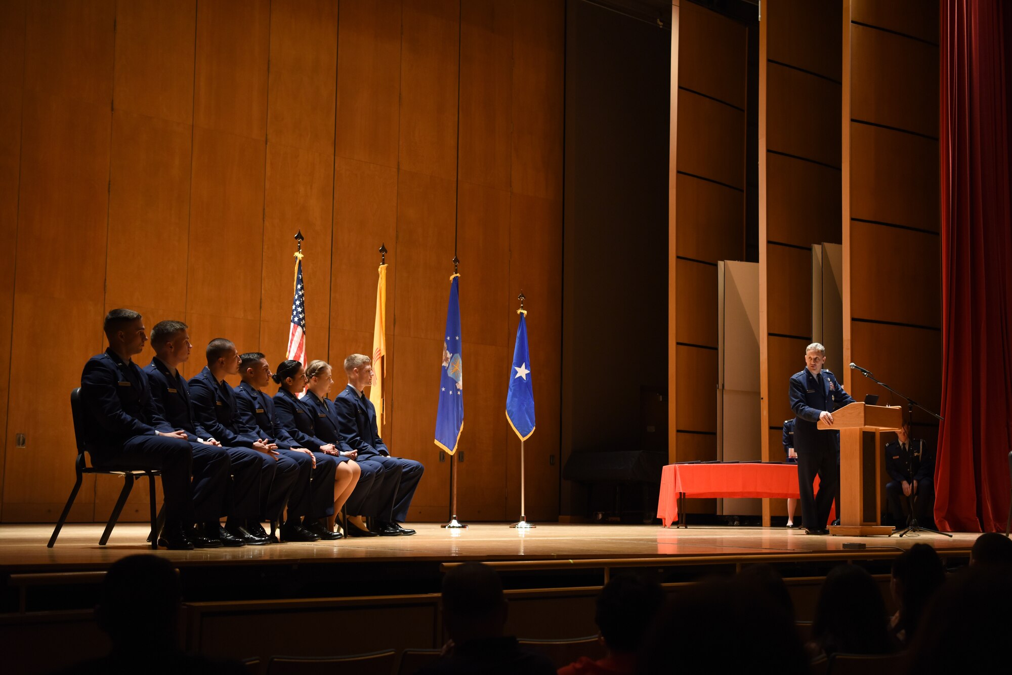 U.S. Air Force Brig. Gen. Gerald Goodfellow, Air Force Global Strike Command Director of Strategic Plans, Programs and Requirements, speaks to Air Force Reserve Officer Training Corps graduates at their commissioning ceremony in Albuquerque N.M., May 16, 2019. Seven new second lieutenants were commissioned, with degrees ranging from criminology to mass communication. (U.S. Air Force Photo by Senior Airman Eli Chevalier)