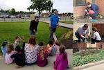 Collage of photos: lady speaks to class, child plants with adult assistance, garden