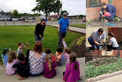 Collage of photos: lady speaks to class, child plants with adult assistance, garden