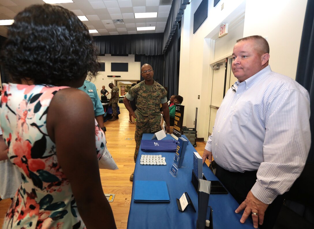 Marine Corps Community Services held its annual Career & Education Fair aboard Marine Corps Logistics Base Albany, May 22. More than 40 employers ranging from manufacturing, law enforcement, colleges/universities and several other industries shared employment opportunities with active-duty personnel, reservists, veterans and family members. (U.S. Marine Corps photo by Re-Essa Buckels)