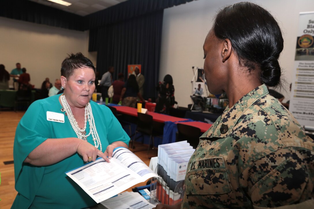 Marine Corps Community Services held its annual Career & Education Fair aboard Marine Corps Logistics Base Albany, May 22. More than 40 employers ranging from manufacturing, law enforcement, colleges/universities and several other industries shared employment opportunities with active-duty personnel, reservists, veterans and family members. (U.S. Marine Corps photo by Re-Essa Buckels)