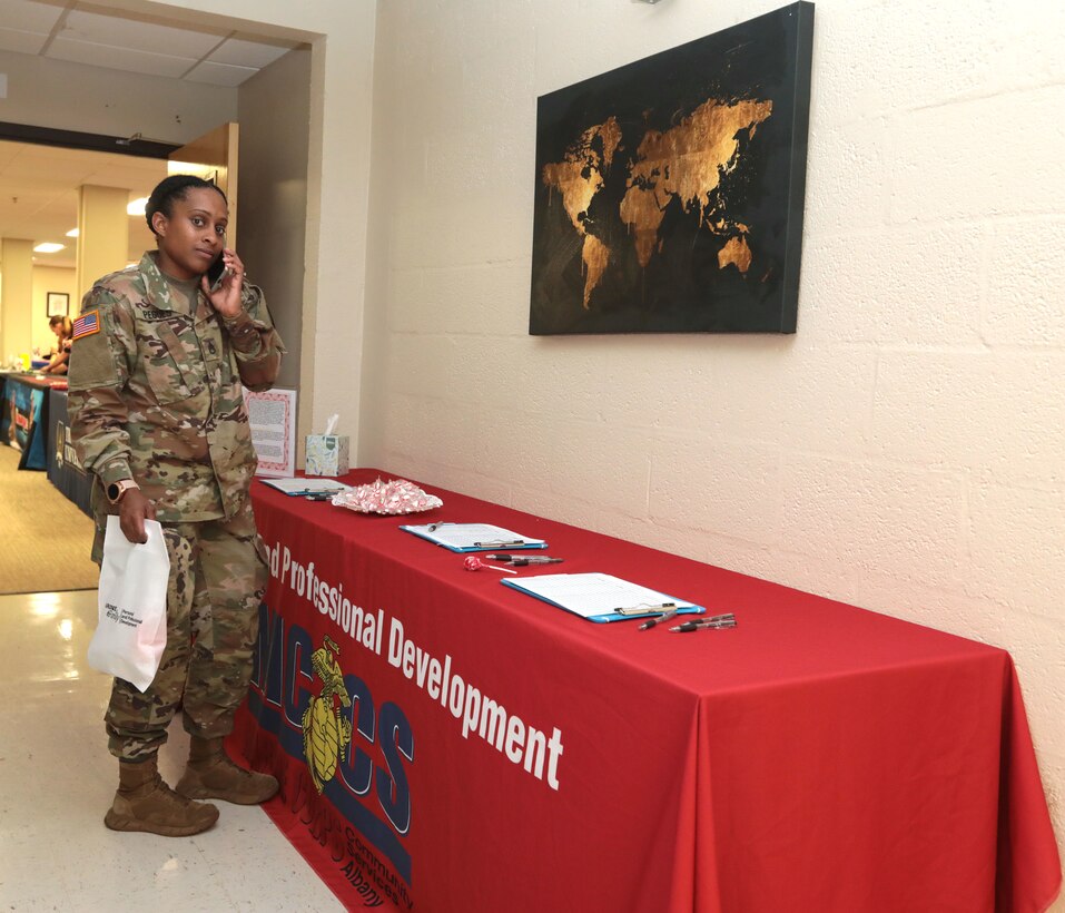 Marine Corps Community Services held its annual Career & Education Fair aboard Marine Corps Logistics Base Albany, May 22. More than 40 employers ranging from manufacturing, law enforcement, colleges/universities and several other industries shared employment opportunities with active-duty personnel, reservists, veterans and family members. (U.S. Marine Corps photo by Re-Essa Buckels)
