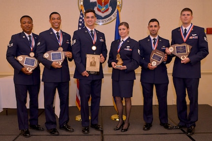Airmen were honored with awards during the Airman Leadership School Graduation Ceremony May 23, 2019, at Joint Base Charleston, S.C. (Left to right) Senior Airman Steffon Capel, 315th Aeromedical Evacuation Squadron, received the Distinguished Graduate award; Senior Airman Christopher Leung, 437th Operations Support Squadron, received the Distinguished Graduate award; Staff Sgt. Ryan Erb, 437th Aircraft Maintenance Squadron, received the John L. Levitow award; Staff Sgt. Tenley Long, 628th Public Affairs, received the Commandants award; Senior Airman Shadi Zahed, 628th Force Support Squadron, received the Academic Achievement award and Senior Airman Christian Voytko,16th Airlift Squadron, received the Distinguished Graduate award.