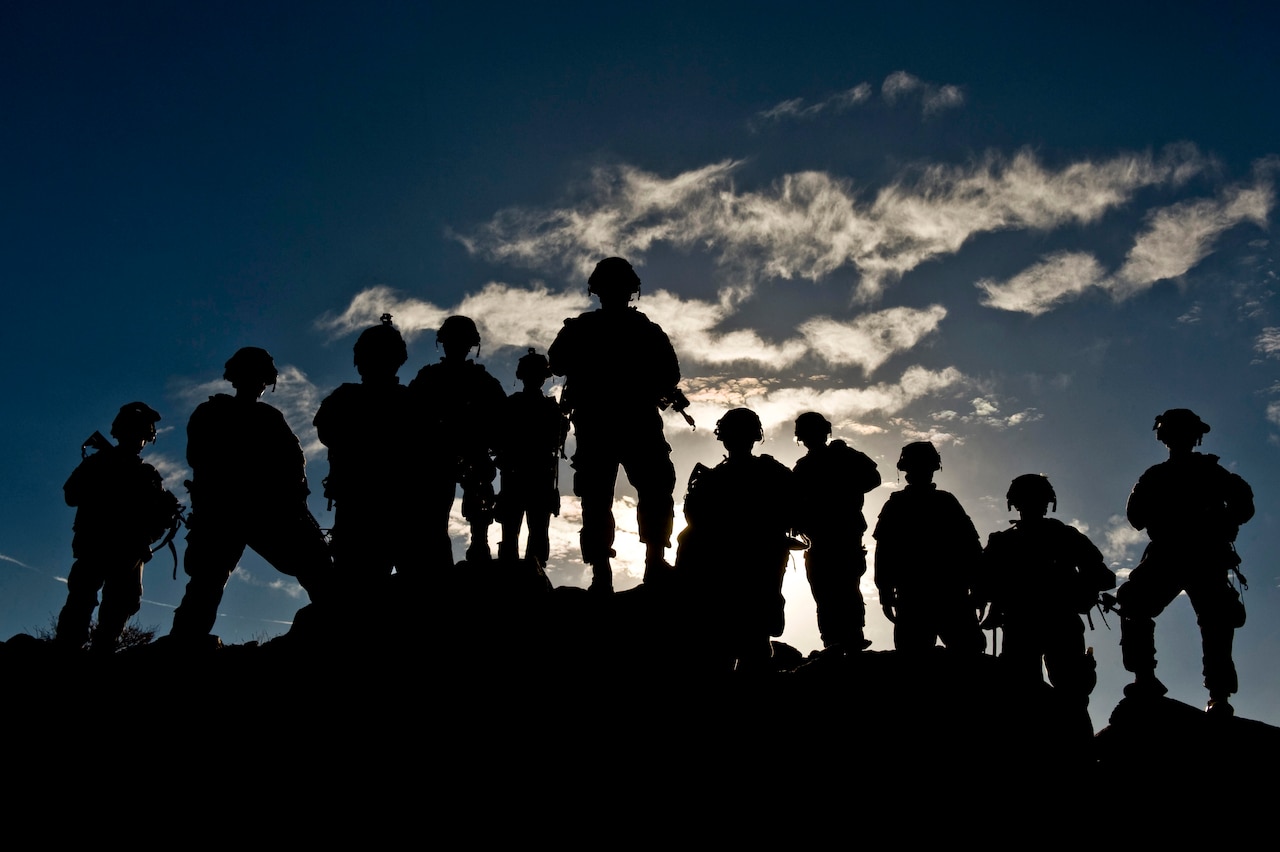 Eleven soldiers stand on a hilltop in silhouette.