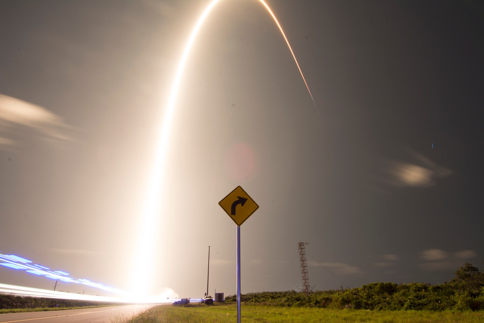 A SpaceX Falcon 9 rocket launches Starlink at Cape Canaveral Air Force Station, Fla. on May 23, 2019. The Starlink mission put 60 satellites into orbit and aims to build a constellations of satellites to bring internet capabilities to areas that do not have or have limited internet. (U.S. Air Force photo by 1st Lt Alex Preisser)