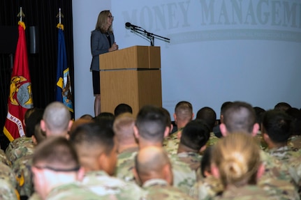 Kathy Kraninger, director of the Consumer Financial Protection Bureau, spoke about the newly expanded Misadventures in Money Management, or MiMM, before an assembly of more than 1,000 service members at the Academic Support Building at JBSA-Fort Sam Houston.