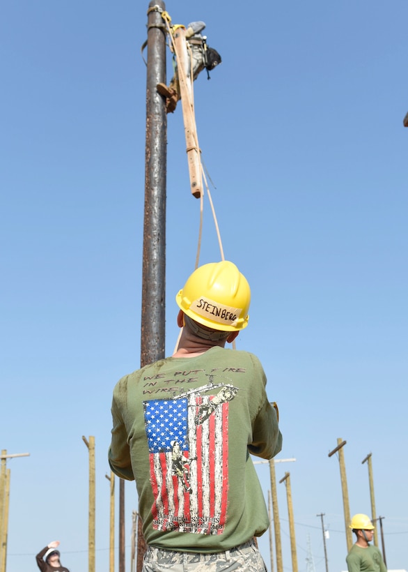 366th Training Squadron electrical systems apprentice course students perform a crossarm change out at Sheppard Air Force Base, Texas, May 28, 2019. Changing out the crossarm is important as they get damaged due to weather or rot that can deform the bar. The poles will likely be used and trained on by multiple classes, and students are also in-charge of maintaining and replacing poles that are too worn out. (U.S. Air Force photo by Senior Airman Ilyana A. Escalona)