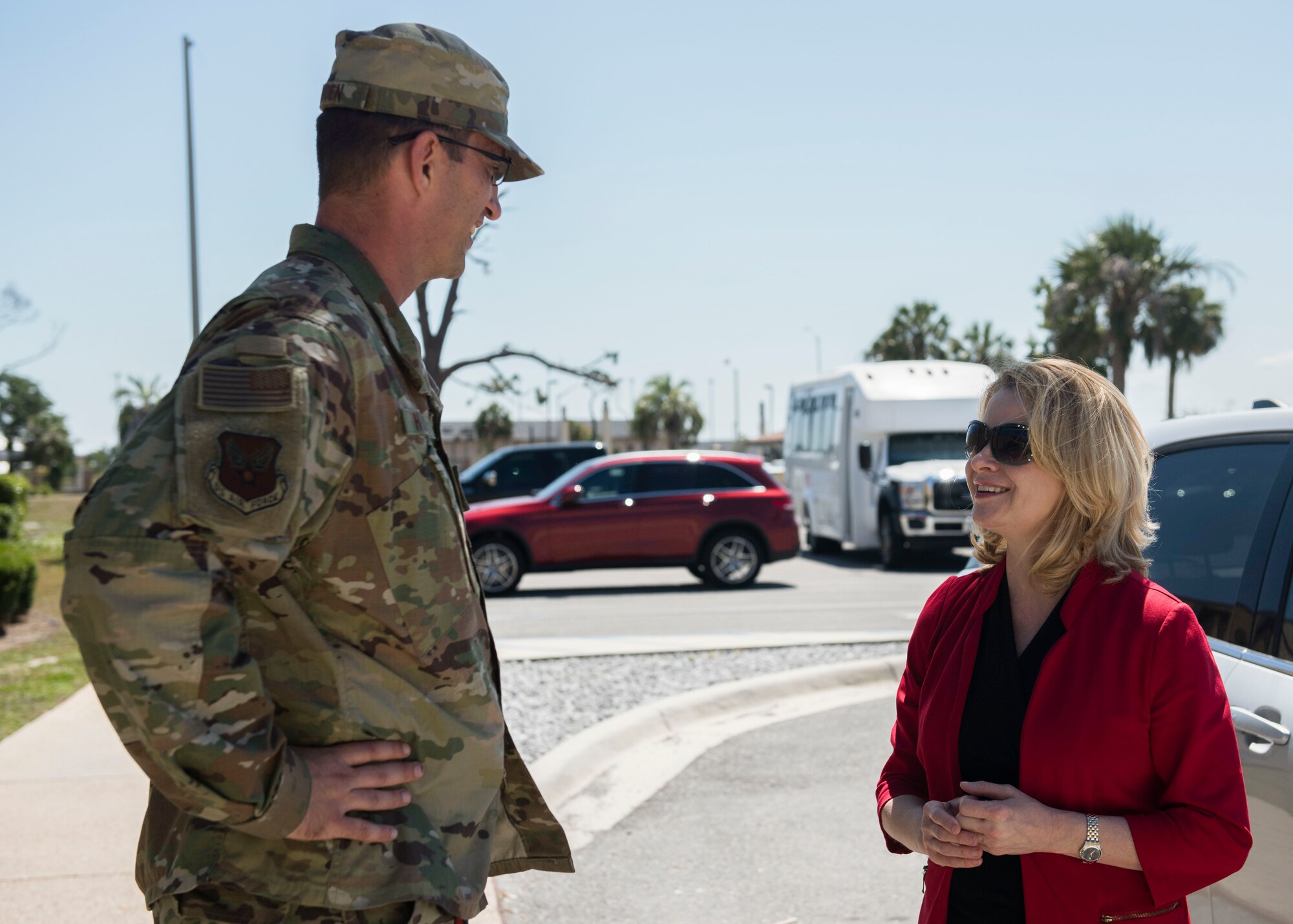 U.S. Air Force Col. Brent Hyden (left), Tyndall Program Management Office director, speaks with Marilyn M. Thomas, Headquarters U.S. Air Force Principal Deputy Assistant Secretary for Financial Management and Comptroller, May 22, 2019, at Tyndall Air Force Base, Florida.