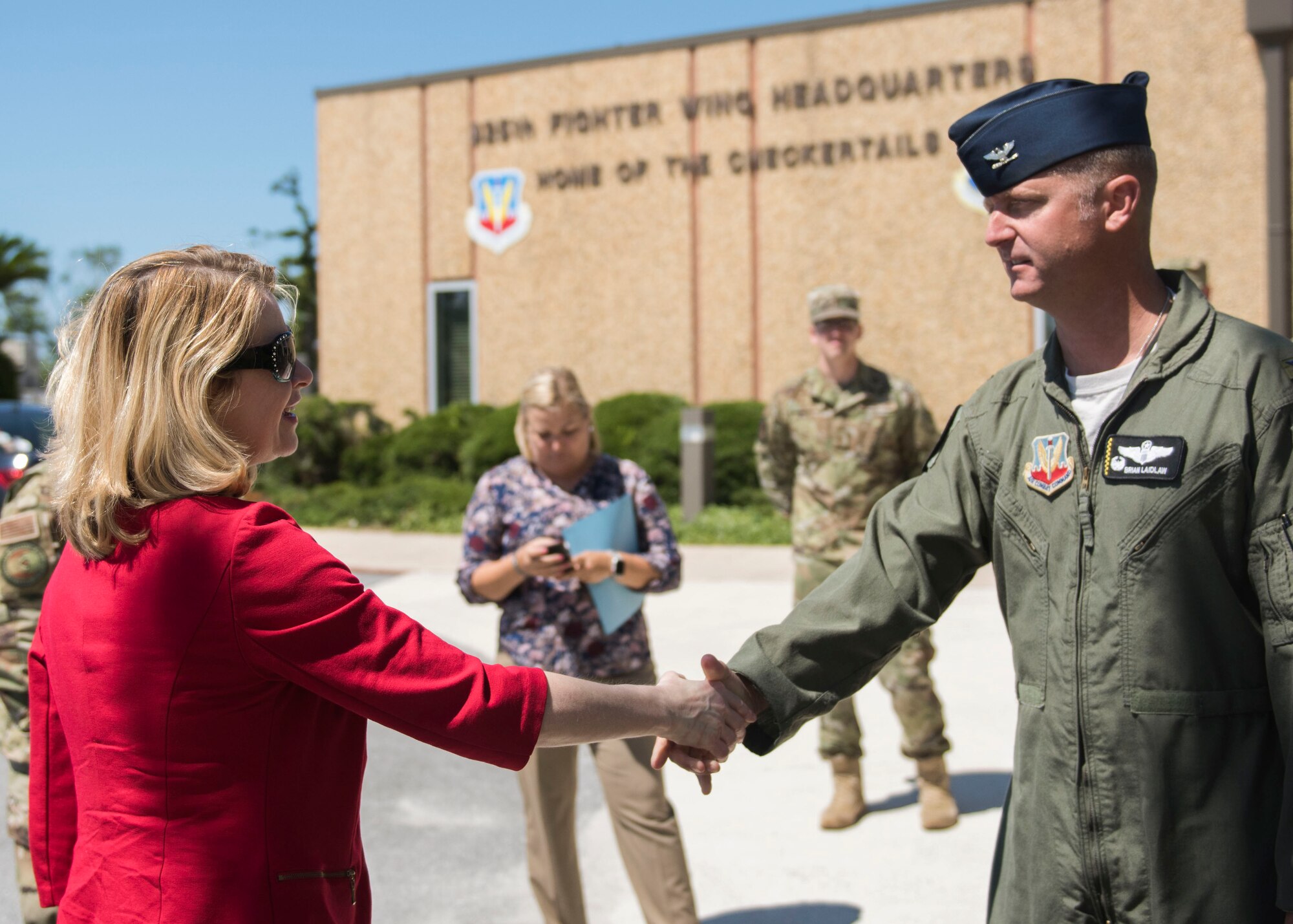 Marilyn M. Thomas, Headquarters U.S. Air Force Principal Deputy Assistant Secretary for Financial Management and Comptroller, meets U.S. Air Force Col. Brian Laidlaw, 325th Fighter Wing commander, May 22, 2019, at Tyndall Air Force Base, Florida.