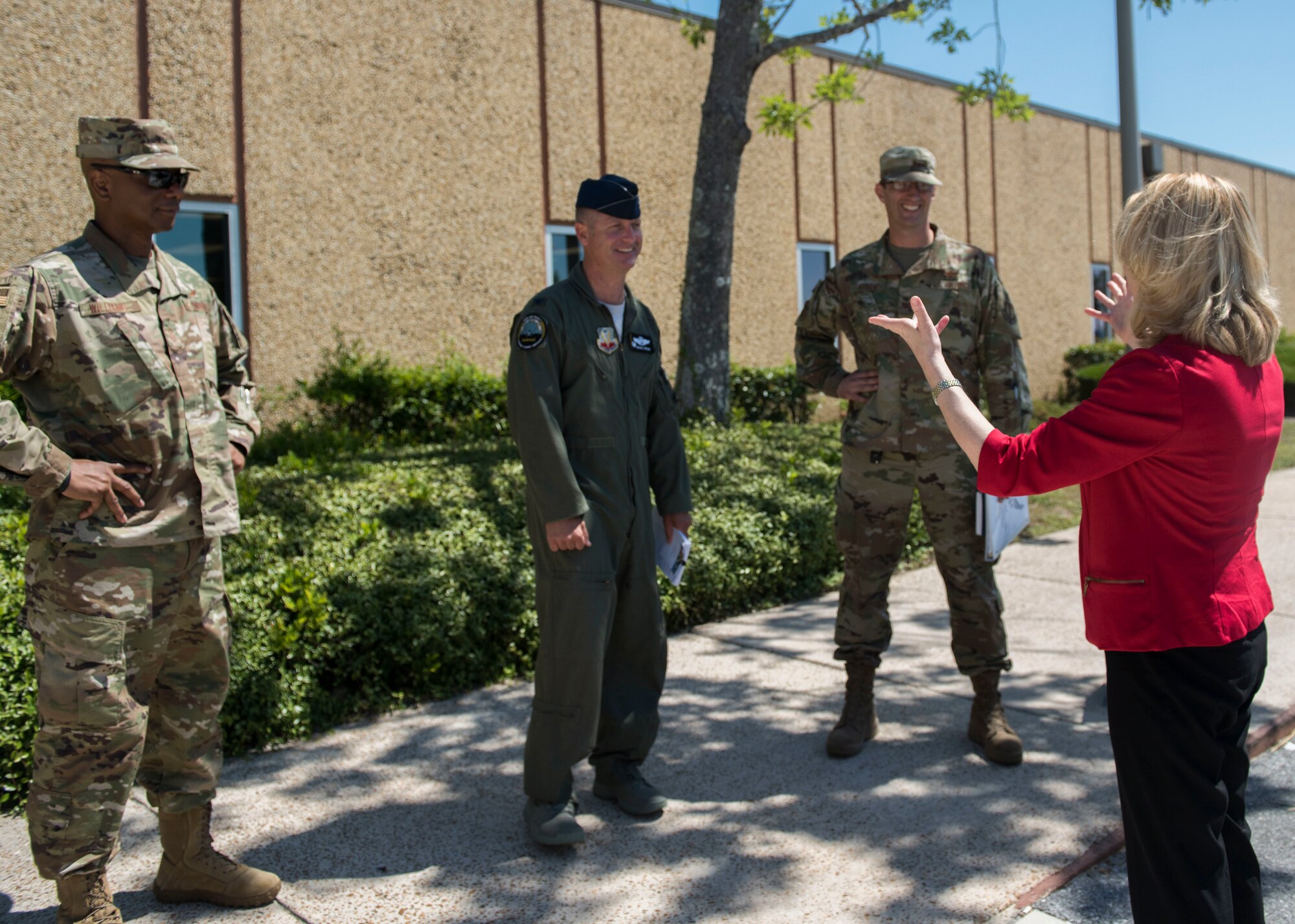 Marilyn M. Thomas, Headquarters U.S. Air Force Principal Deputy Assistant Secretary for Financial Management and Comptroller, (right) speaks to Tyndall leadership May 22, 2019, at Tyndall Air Force Base, Florida.