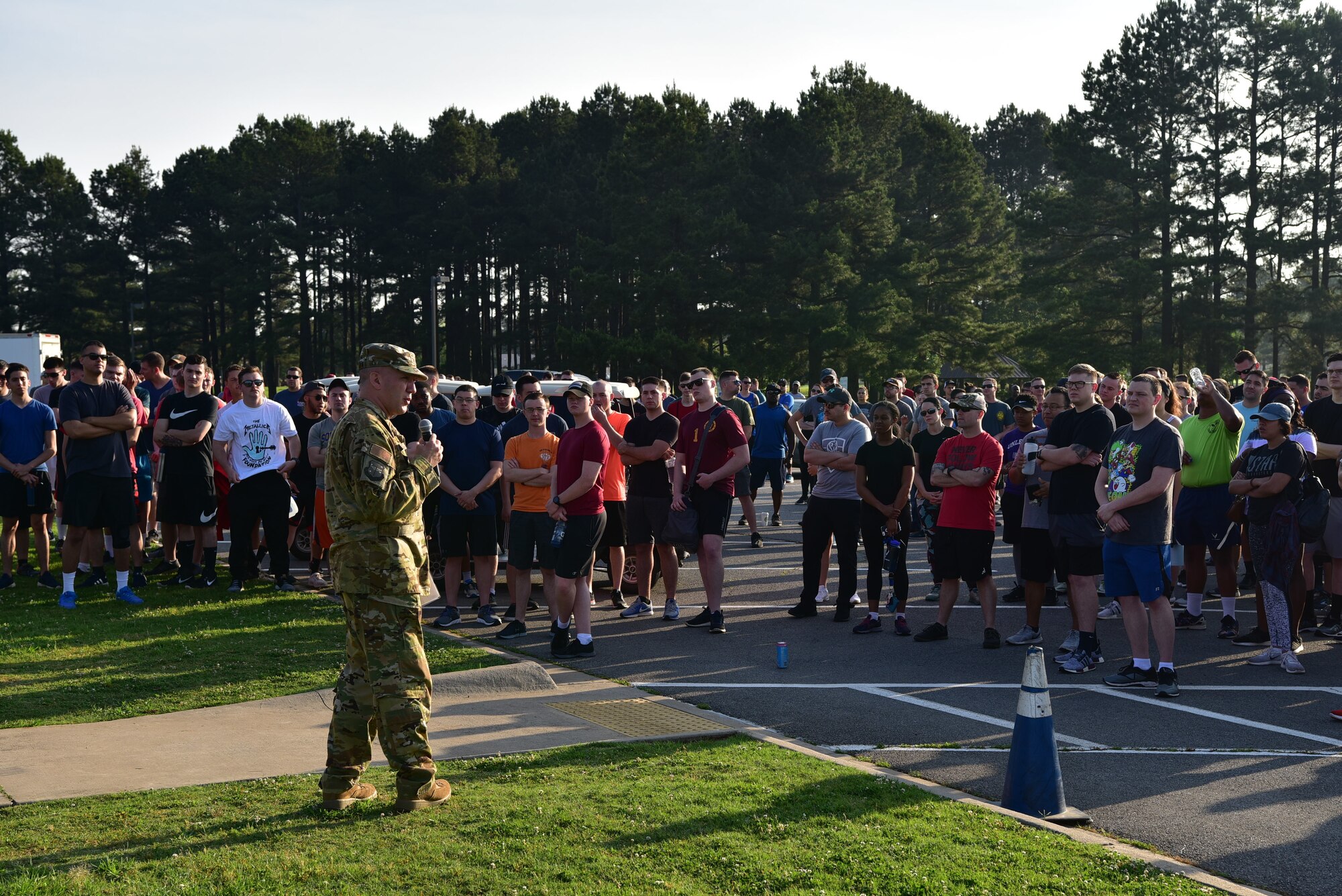 The 19th Airlift Wing commander speaks with Airmen during Wingman Day.