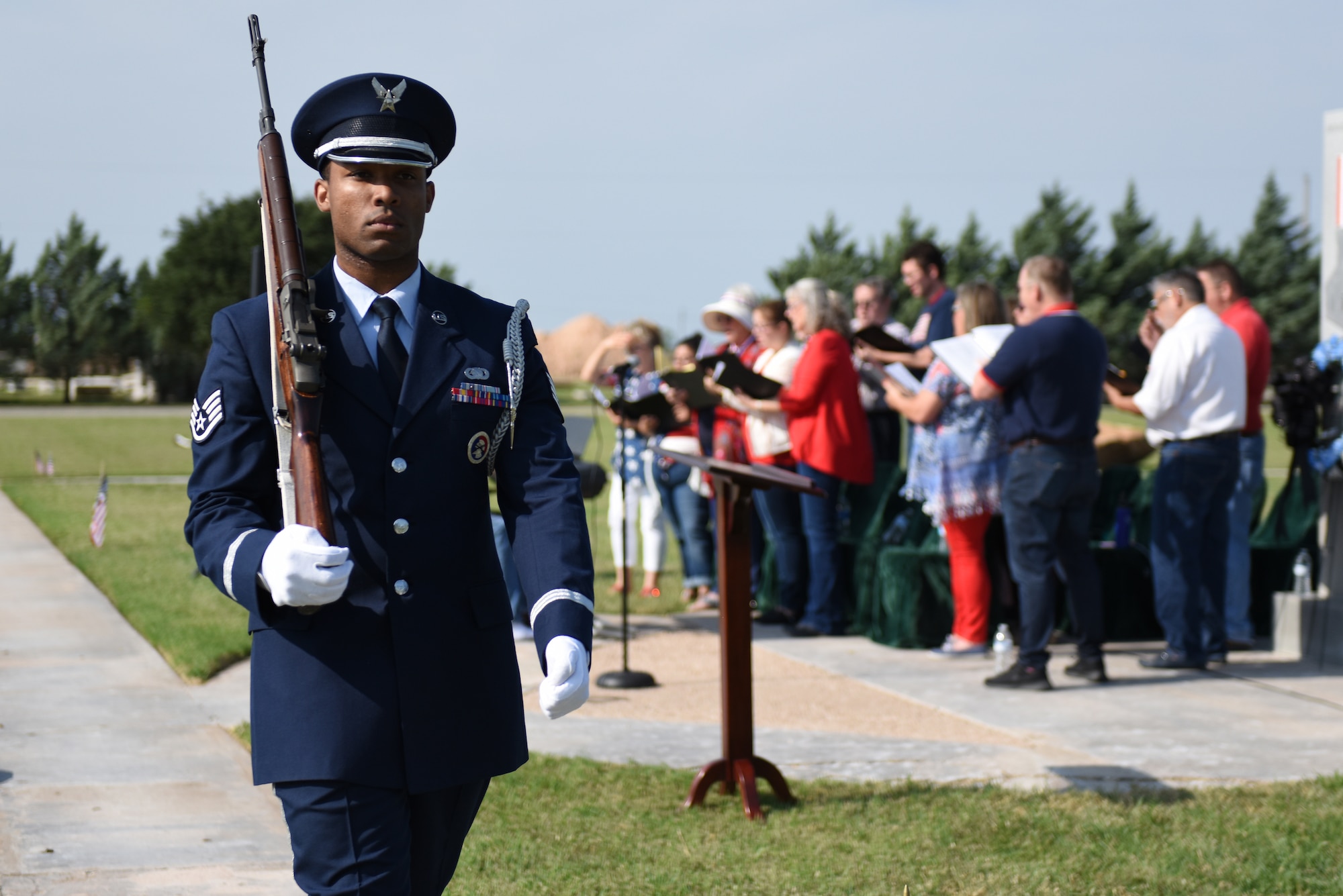 U.S. Air Force Staff Sgt. Nigel Jaggard, Goodfellow Air Force Base Honor Guard member, marches during his shift of a 24 hour watch held at Lawnhaven Memorial Gardens in San Angelo, Texas, May 27, 2019. This watch was held in conjunction with Lawnhaven’s eighth annual Memorial Day ceremony. (U.S. Air Force photo by Senior Airman Seraiah Hines/Released)