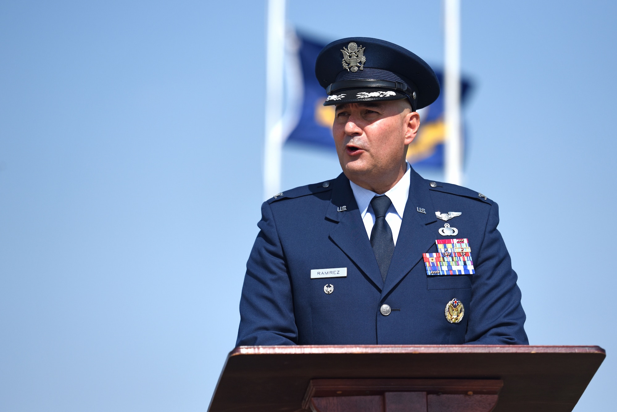 U.S. Air Force Col. Robert Ramirez, 17th Training Wing vice commander, speaks about the meaning behind Memorial Day at the Lawnhaven Memorial Gardens in San Angelo, Texas, May 27, 2019. Leadership from Goodfellow spoke at several events held in honor of Memorial Day across San Angelo. (U.S. Air Force photo by Senior Airman Seraiah Hines/Released)