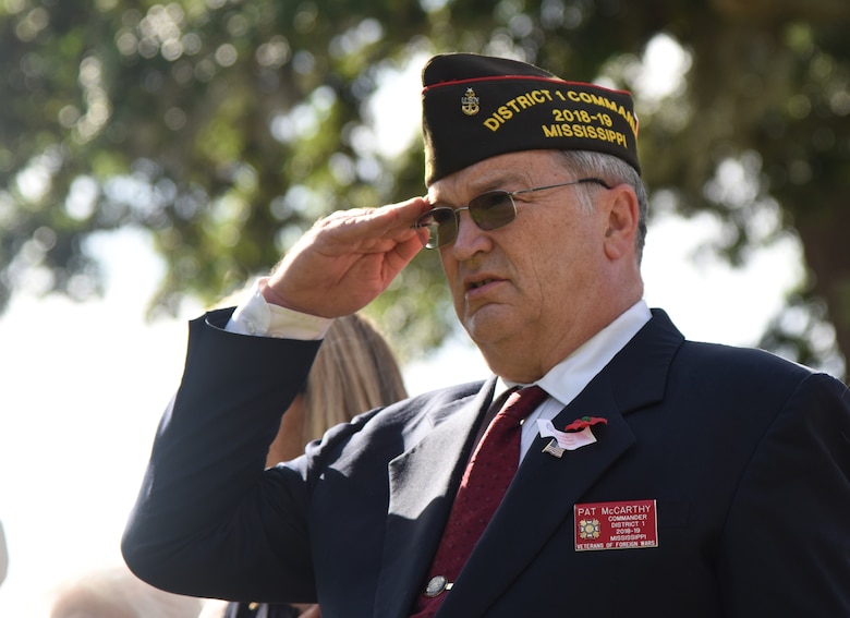 U.S. Navy veteran Pat McCarthy renders a salute during the Biloxi National Cemetery Memorial Day Ceremony in Biloxi, Mississippi, May 27, 2019. The ceremony honored those who have made the ultimate sacrifice while serving in the armed forces. Biloxi National Cemetery is the final resting place of more than 23,000 veterans and their family members. Eight hundred burials take place there every year for men and women who served in wars years ago and for those defending America today. (U.S. Air Force photo by Kemberly Groue)