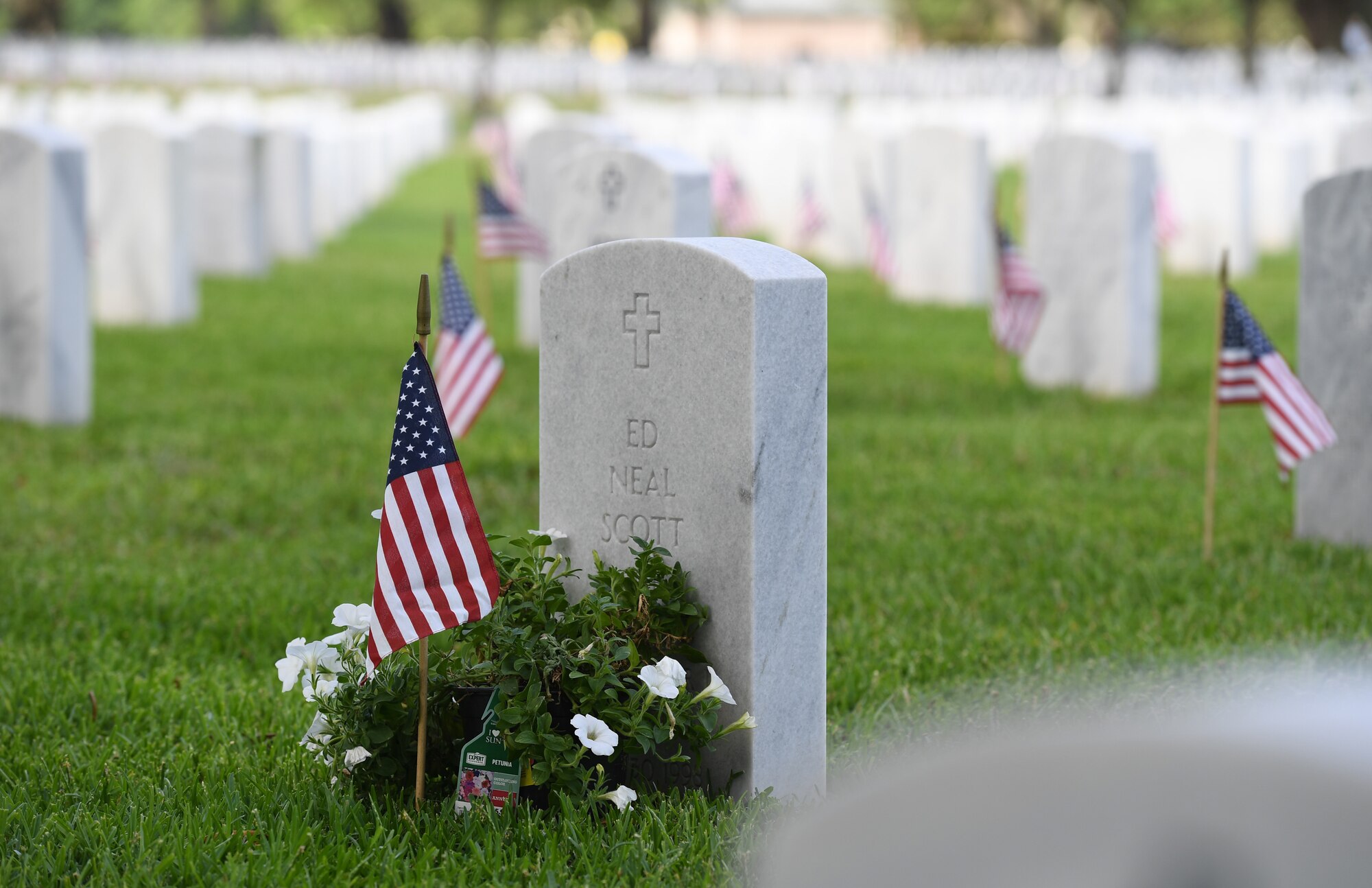 American flags are displayed in front of tomb stones at the Biloxi National Cemetery Memorial Day Ceremony in Biloxi, Mississippi, May 27, 2019. The ceremony honored those who have made the ultimate sacrifice while serving in the armed forces. Biloxi National Cemetery is the final resting place of more than 23,000 veterans and their family members. Eight hundred burials take place there every year for men and women who served in wars years ago and for those defending America today. (U.S. Air Force photo by Kemberly Groue)