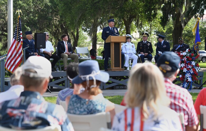 U.S. Air Force Maj. Gen. Timothy Leahy, Second Air Force commander, delivers remarks during the Biloxi National Cemetery Memorial Day Ceremony in Biloxi, Mississippi, May 27, 2019. The ceremony honored those who have made the ultimate sacrifice while serving in the armed forces. Biloxi National Cemetery is the final resting place of more than 23,000 veterans and their family members. Eight hundred burials take place there every year for men and women who served in wars years ago and for those defending America today. (U.S. Air Force photo by Kemberly Groue)