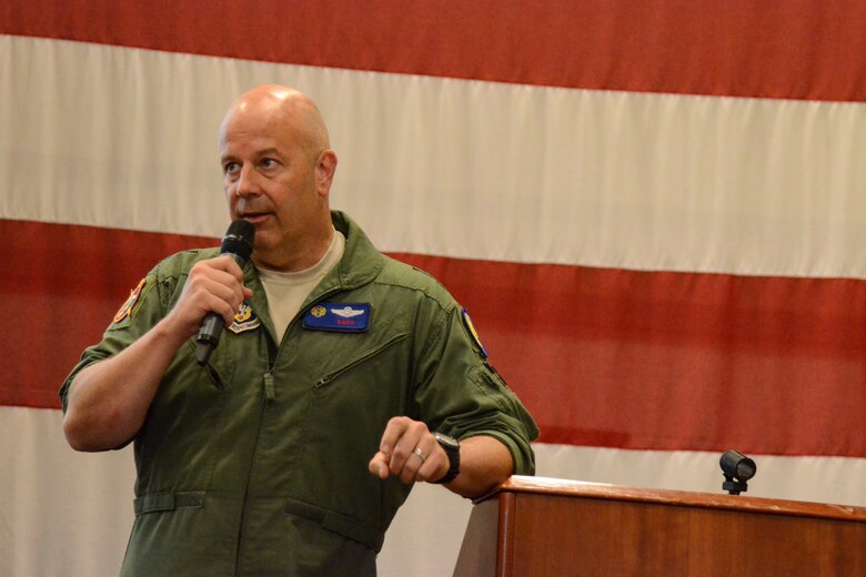 Maj. Gen. Brian K. Borgen, 10th Air Force Commander, addresses a crowd during the final session of the Combat Planning Council, at Naval Air Station Fort Worth Joint Reserve Base, Texas, May 9. Borgen, who recently assumed command of the 10th Air Force will use the information gathered during the three-day conference to develop strategic plans for the units under his command.