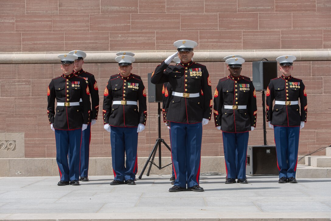A U.S. Marine with Marine Forces Europe and Africa salutes during the Oise-Aisne Memorial Day ceremony at the Oise-Aisne American Cemetery near Seringes-et-Nesles, France, May 26, 2019. The memorial ceremony was held  in commemoration of the 101st anniversary of the battle of Belleau Wood, conducted to honor the legacy of service members who gave their lives in defense of the United States and European allies. (U.S. Marine Corps photo by Lance Cpl. Menelik Collins)