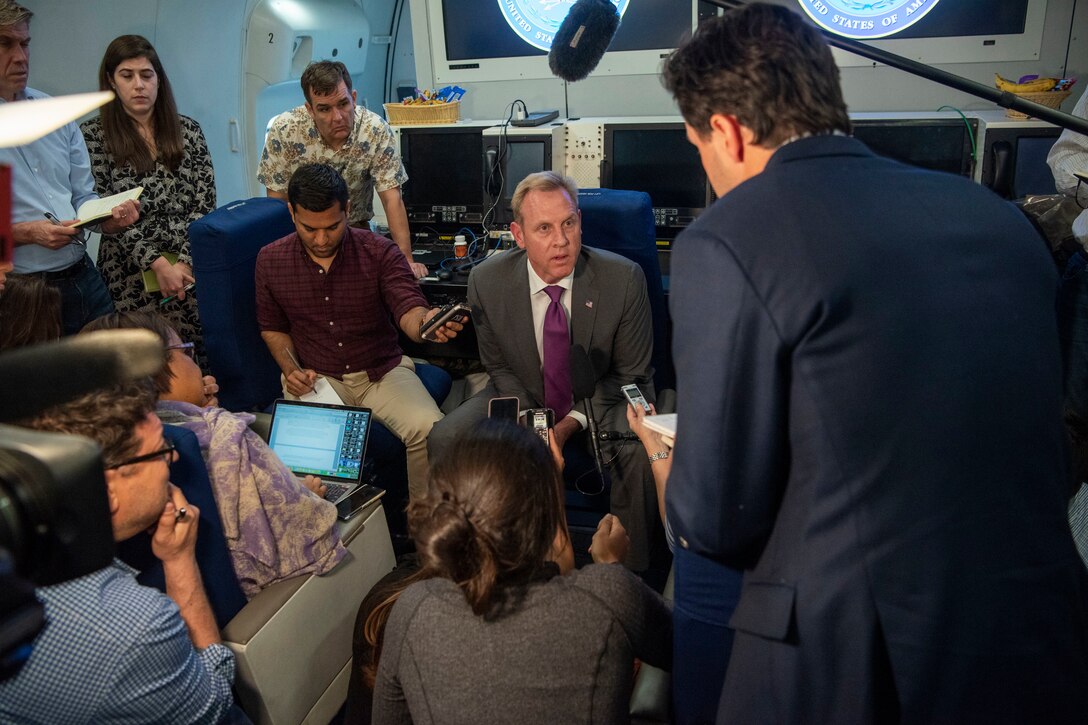 Acting Defense Secretary Patrick M. Shanahan speaks to reporters.