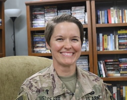 Capt. Amy Justice, 300th Sustainment Brigade chaplain, manages Holy Joe's, a resiliency center at Camp Arifjan, Kuwait, May 20, 2019.