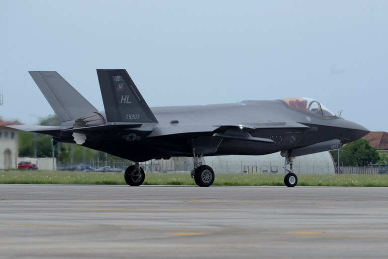 An F-35A Lightning II taxis during a Theater Security Package at Aviano Air Base, Italy, May 29, 2019. The 388th Fighter Wing and Reserve 419th Fighter Wing, are in Europe participating in a Theater Security Package conducting exercises and training with other Europe-based aircraft. (U.S. Air Force photo by Airman 1st Class Ericka A. Dechane).