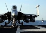 A U.S. Navy EA-18G Growler aircraft attached to Electronic Attack Squadron 141 sits on the flight deck of USS George H.W. Bush (CVN 77) Oct. 13, 2010, while under way in the Atlantic Ocean for a tailored ship's training availability/final evaluation period. The training was designed to tensure the ship was ready for deployment. (DoD photo by Naval Aircrewman 3rd Class Joshua K. Horton, U.S. Navy/Released)