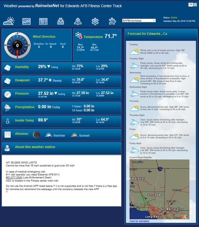 Team Edwards members can now check real-time weather conditions from anywhere around the base. Visit https://rainwise.net/weather/EAFBmainbase to check the current conditions now. A smart phone app is currently in development. (U.S. Air Force graphic by Giancarlo Casem)