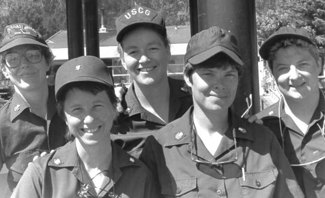 The all female crew of a Yerba Buena Island 41-footer; left to right: BM1 Jane Piereth, BM3 Gail Wheeler, MK1 Esther Liberman, BM1 Becky Post, BM3 Adele Fiorillo; April 1989.  Photo by PA1 Ron Cabral.