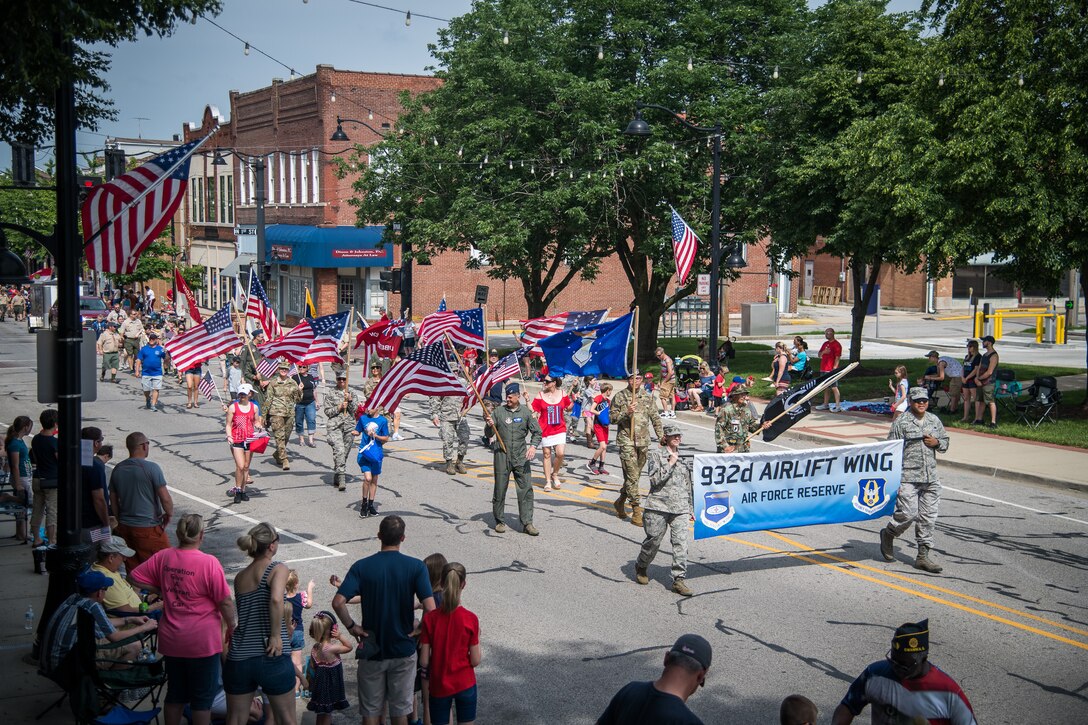 Reserve Citizen Airmen, from the 932nd Airlift Wing, are joined by family and friends to honor all fallen warriors during the Belleville Memorial Day Parade, May 27, 2019, Belleville, Illinois. (U.S. Air Force photo by Christopher Parr)