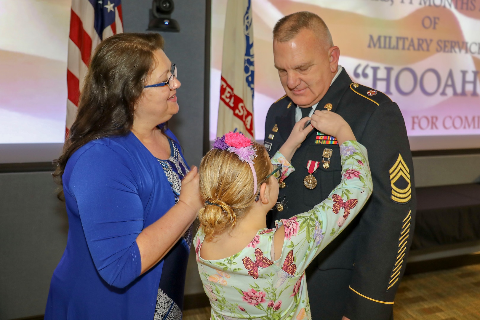 Joint Task Force Civil Support (JTF-CS) celebrates the retirement and accomplishments of retired Army Master Sgt. Andrew Vickers after 39 years, 11 months and 2 days of service. Vickers continues serving as a GS employee at JTF-CS as the J43 logistics officer. During his reitement ceremony, Vickers was joined by his friends and family, including his wife Karen, his sons Jason and Jeremy and his grandchildren Natalie and Deacon. (Official DoD photo by Mass Communication Specialist 3rd Class Michael Redd/released)