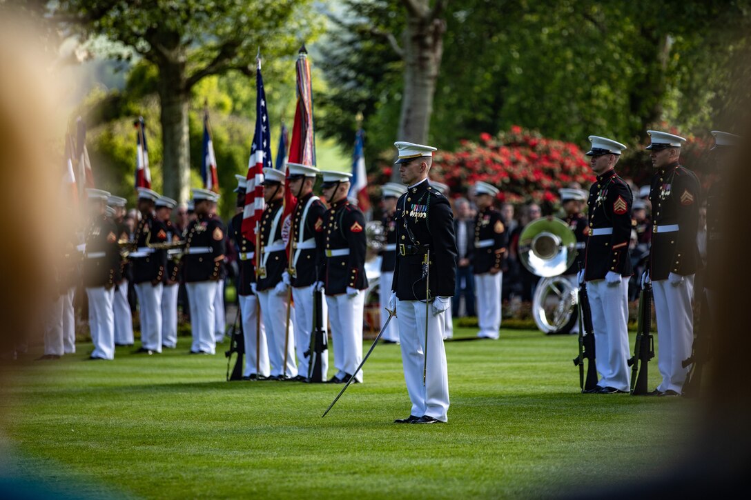 U.S. Marines with 5th Marine Regiment, 1st Marine Division, stand in formation during the Aisne-Marne Memorial Ceremony near Belleau, France, May 26, 2019. The ceremony commemorated the 101st anniversary of the Battle of Belleau Wood, which marked the first occasion in World War I for U.S. forces to operate on a large scale against the German Army.