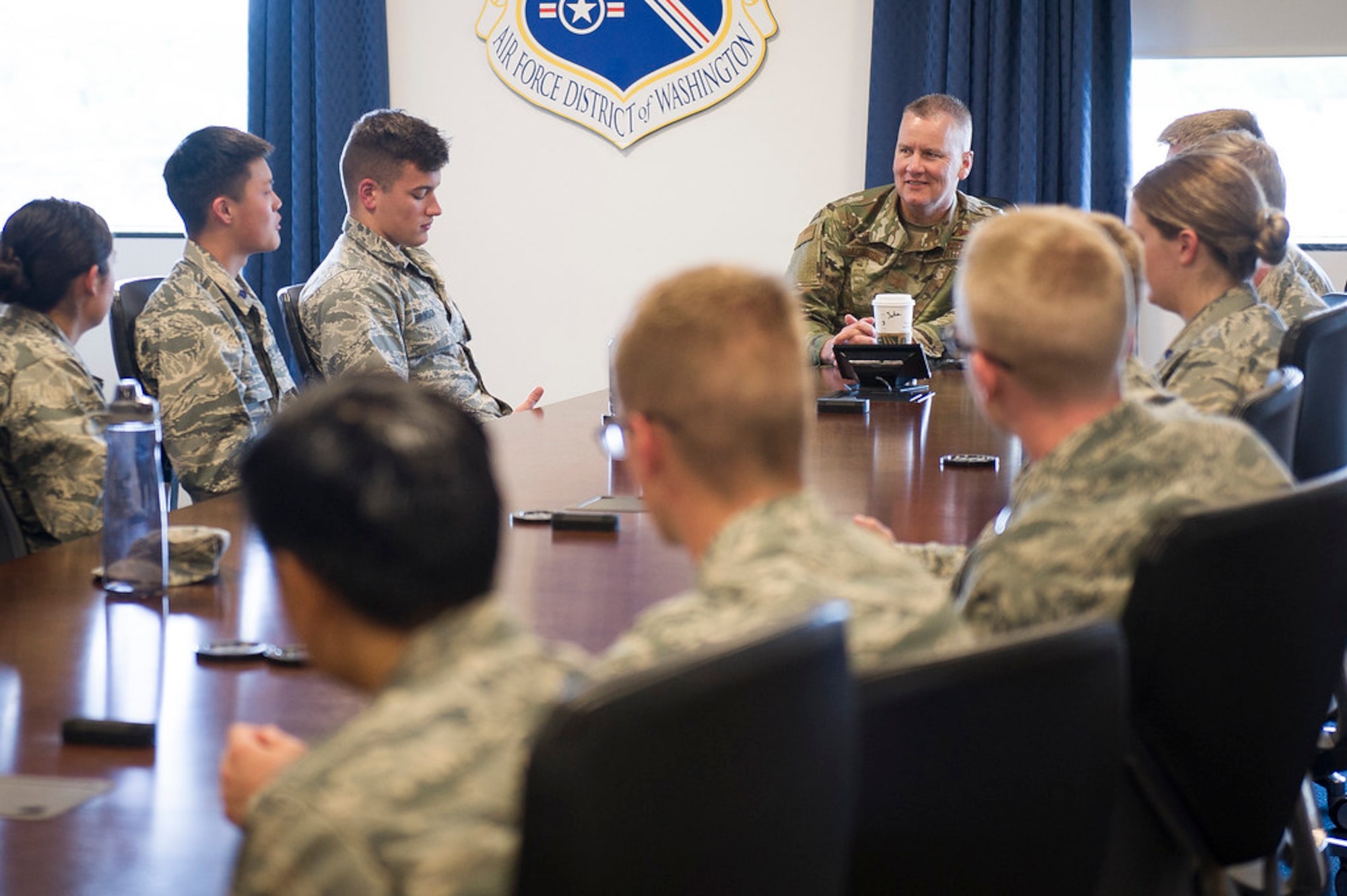 Maj. Gen. James A. Jacobson, Air Force District of Washington commander, listens to questions from ROTC Cadets from universities across the country at Joint Base Andrews, Md., May 22, 2019. Jacobson gave leadership insights, answered questions and discussed how important innovative Airmen are for the future of the Air Force. (U.S. Air Force photo by Master Sgt. Michael B. Keller)