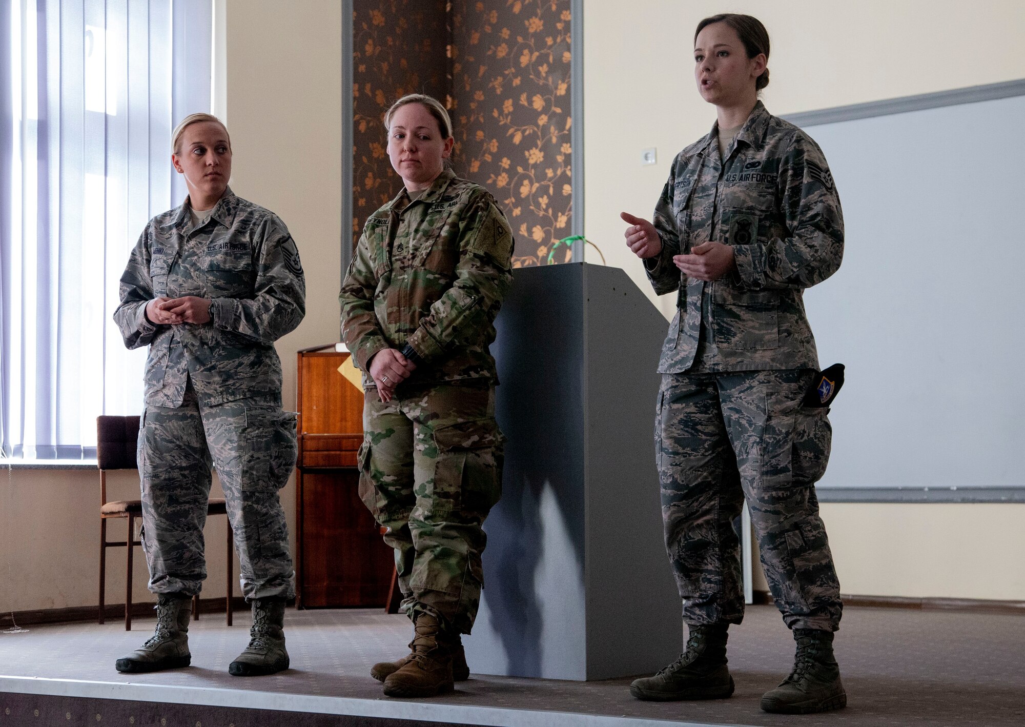 Staff Sgt. Brittany Robertson, right, speaks at an American Corner March 5 in Serbia. Robertson and her peers spoke to spoke to local community members about being a woman in the military, the importance of self-defense, and what life looks like for an American in the U.S. National Guard. (Courtesy photo)
