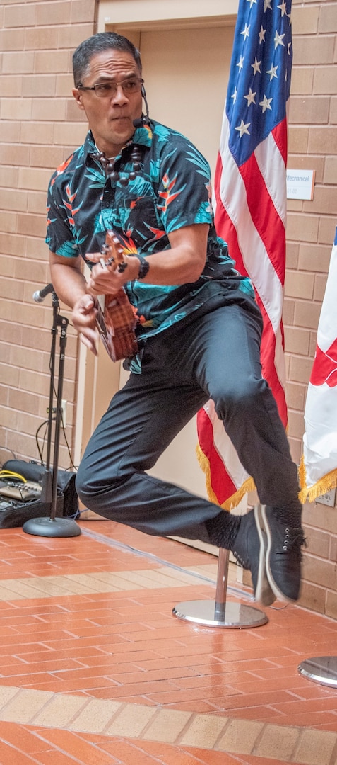 Timothy Kanoia Kamaka performs at the Asian American Pacific Islander Heritage Month observance at Brooke Army Medical Center at Joint Base San Antonio-Fort Sam Houston May 23. Kamaka delighted attendees with his performance of Chuck Berry’s “Johnny B. Goode.”