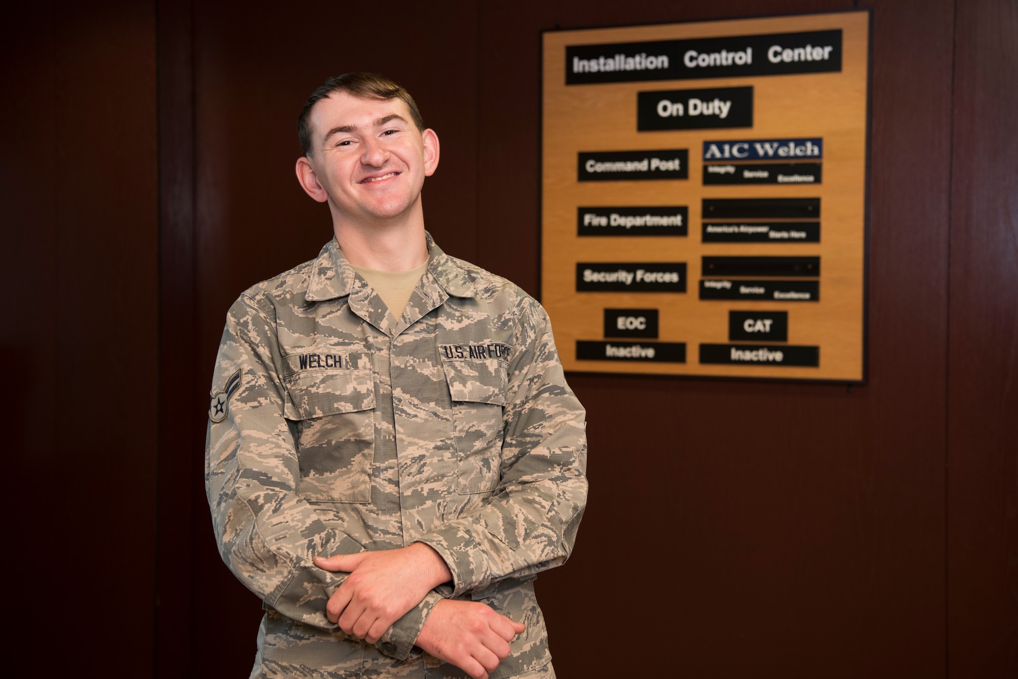 Airman 1st Class Justin Welch, 47th Flying Training Wing Command Post emergency actions controller, poses outside command post for a photo at Laughlin Air Force Base, May 28, 2019. Welch has not only earned the “XLer of the week” award but two Base Airmen Against Drunk Driving volunteer awards as well as the 47th Wing Staff Agencies Airman of the third quarter in 2018. (U.S. Air Force photo by Airman 1st Class Marco A. Gomez)