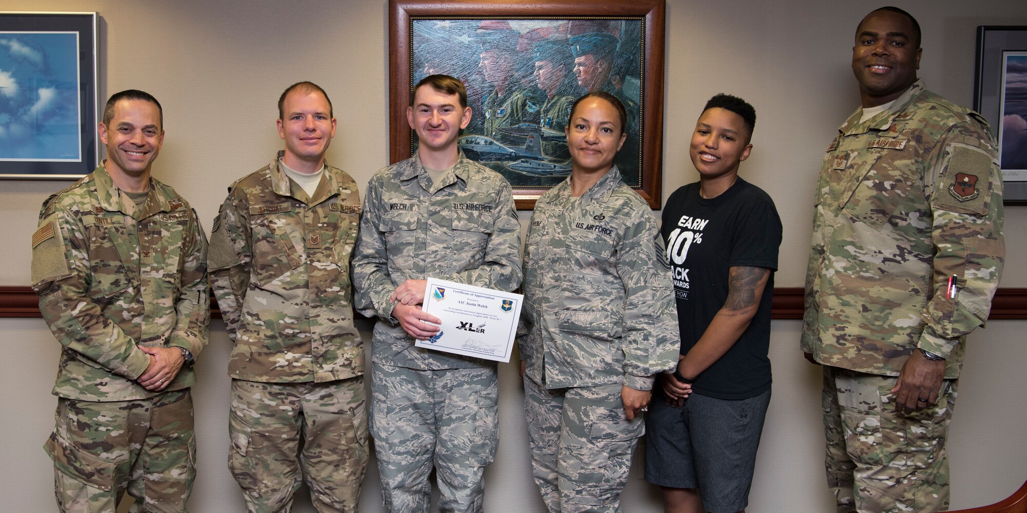 Airman 1st Class Justin Welch, 47th Flying Training Wing Command Post emergency actions controller, was chosen by wing leadership to be the “XLer” of the week, for the week of May 20, 2019, at Laughlin Air Force Base, Texas. The “XLer” award, presented by Col. Lee Gentile, 47th Flying Training Wing commander, is given to those who consistently make outstanding contributions to their unit and the Laughlin mission. (U.S. Air Force photo by Airman 1st Class Marco A. Gomez)