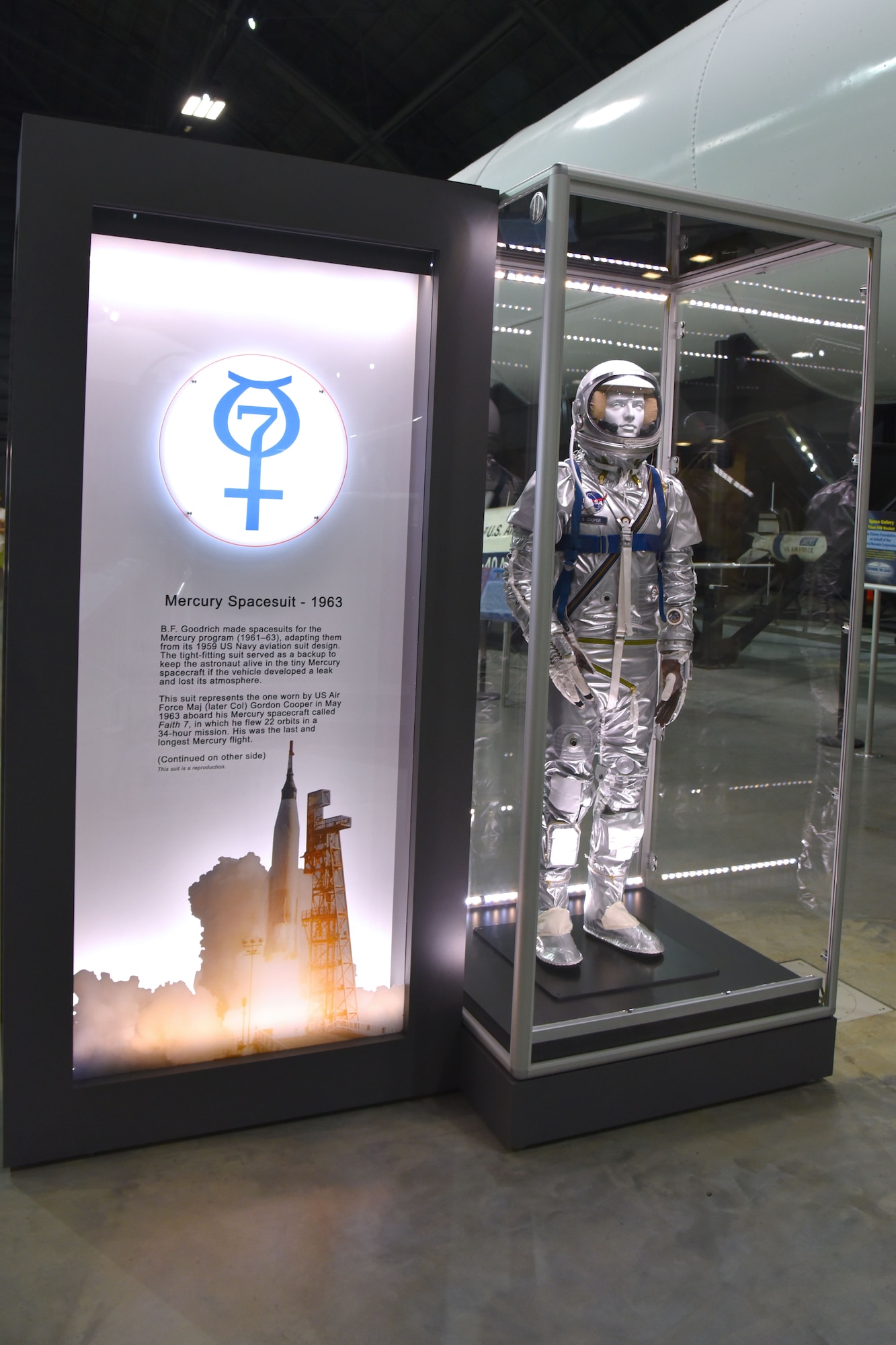 This space suit represents the one worn by U.S. Air Force Maj. (later Col.) Gordon Cooper in May 1963 aboard his Mercury craft called Faith 7, in which he flew 22 orbits in a 34-hour mission. This suit is a reproduction and is on display in the museum's fourth building.(U.S. Air Force photo by Ken LaRock)