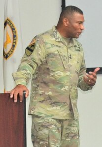 Maj. Gen. Patrick D. Sargent, the Health Readiness Center of Excellence commanding general, addresses attendees during the Strategic Medical Simulation Synchronization Summit hosted by HRCoE Directorate of Simulations, May 15-16.