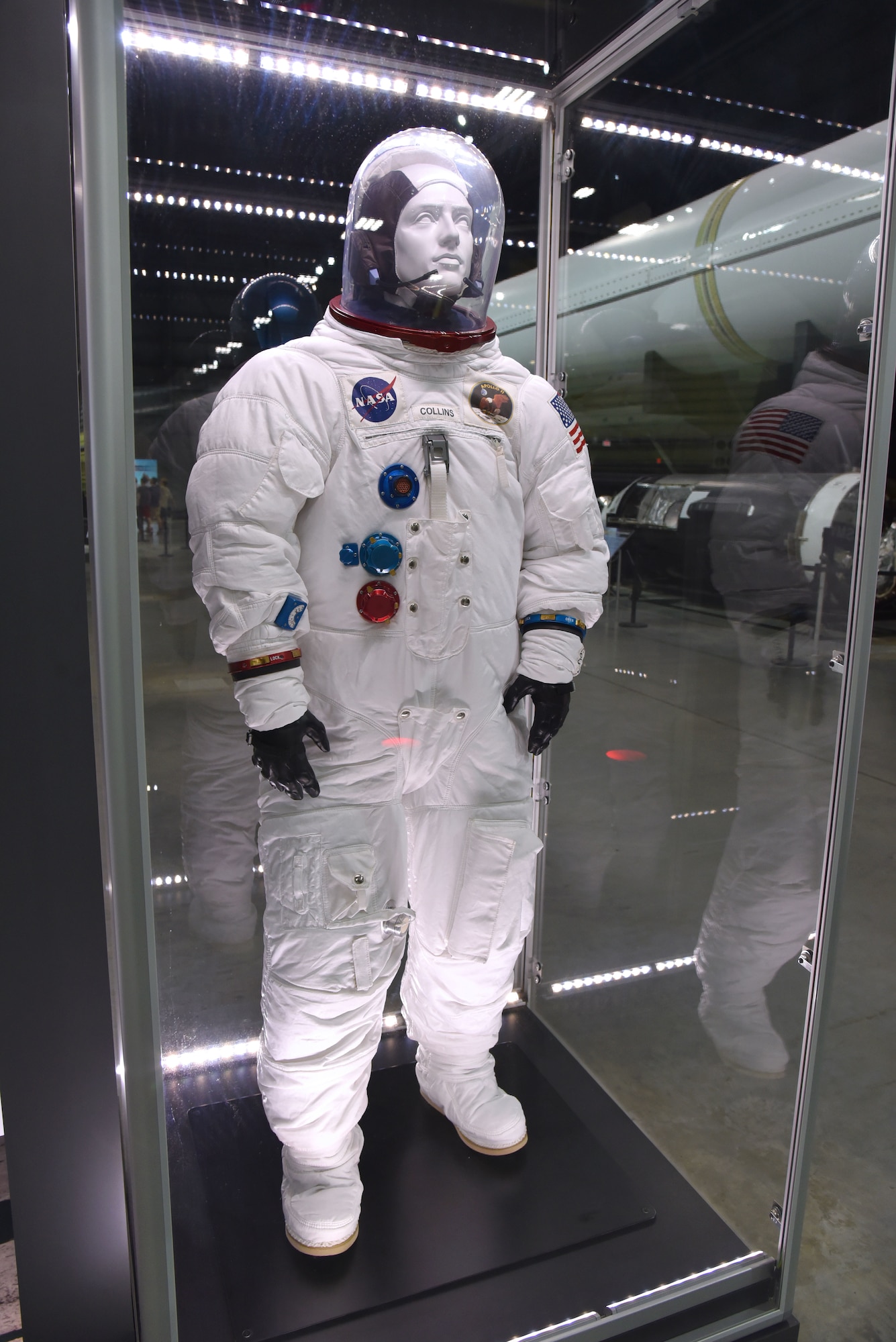 This suit represents the model A7L worn by U.S. Air Force Col. (later Maj. Gen.) Michael Collins in July 1969 on Apollo 11, the first moon landing mission. (U.S. Air Force photo by Ken LaRock)