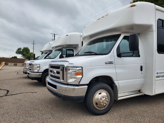 Brand new flightline transportation vans are parked outside the 47th Mission Support Group logistics readiness flight’s vehicle operations center at Laughlin Air Force Base, Texas, May 29, 2019. The new vehicles replace Laughlin’s old cargo, “bread truck” style vehicles picking up and dropping off aircrew across the flightline. While featuring seating for fourteen aircrew and climate control, they also sport extra legroom, storage for flight equipment, and extra safety and comfort features that are head and shoulders over the predecessor vehicle’s open air, converted bench style seating. (U.S. Air Force photo by Senior Airman Daniel Hambor)