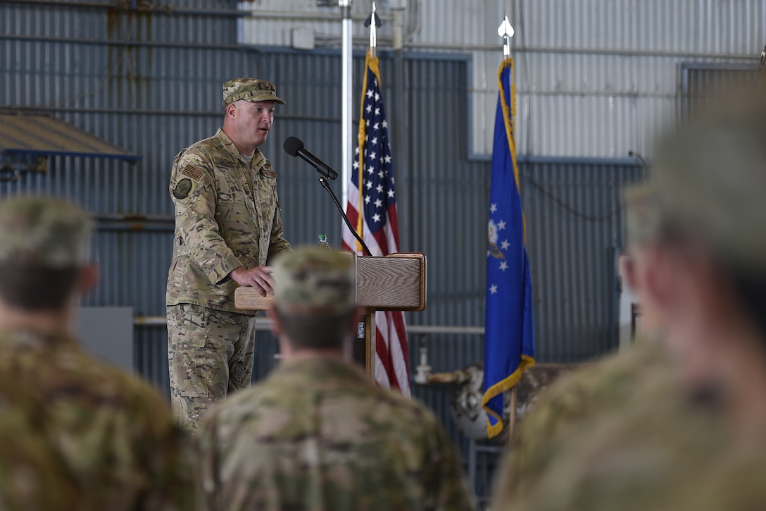 Col. Richard Carrell, 58th Operations Group commander, speaks to members of the 512th Rescue Squadron during the 512th RQS change of command ceremony at Kirtland Air Force Base, N.M., May 23, 2019. The mission of the 512 RQS is to prepare mission-ready aircrew for personnel recovery, nuclear enterprise security and support, and distinguished visitor airlift at operational units across the Air Force.  (U.S. Air Force photo by Airman 1st Class Austin J. Prisbrey)