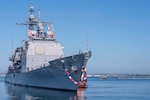 190528-N-OI558-1207 SAN DIEGO (May 28, 2019) Sailors aboard the guided-missile cruiser USS Mobile Bay (CG-53) prepare to pull into port at Naval Base San Diego. Mobile Bay, including detachments from Helicopter Maritime Strike Squadron 71 "Raptors", returned to their homeport of San Diego following an around the world deployment to all six geographic Fleet areas of operation as part of the John C. Stennis Carrier Strike Group, May 28. (U.S. Navy photo by Mass Communication Specialist 3rd Class Chanel Turner)