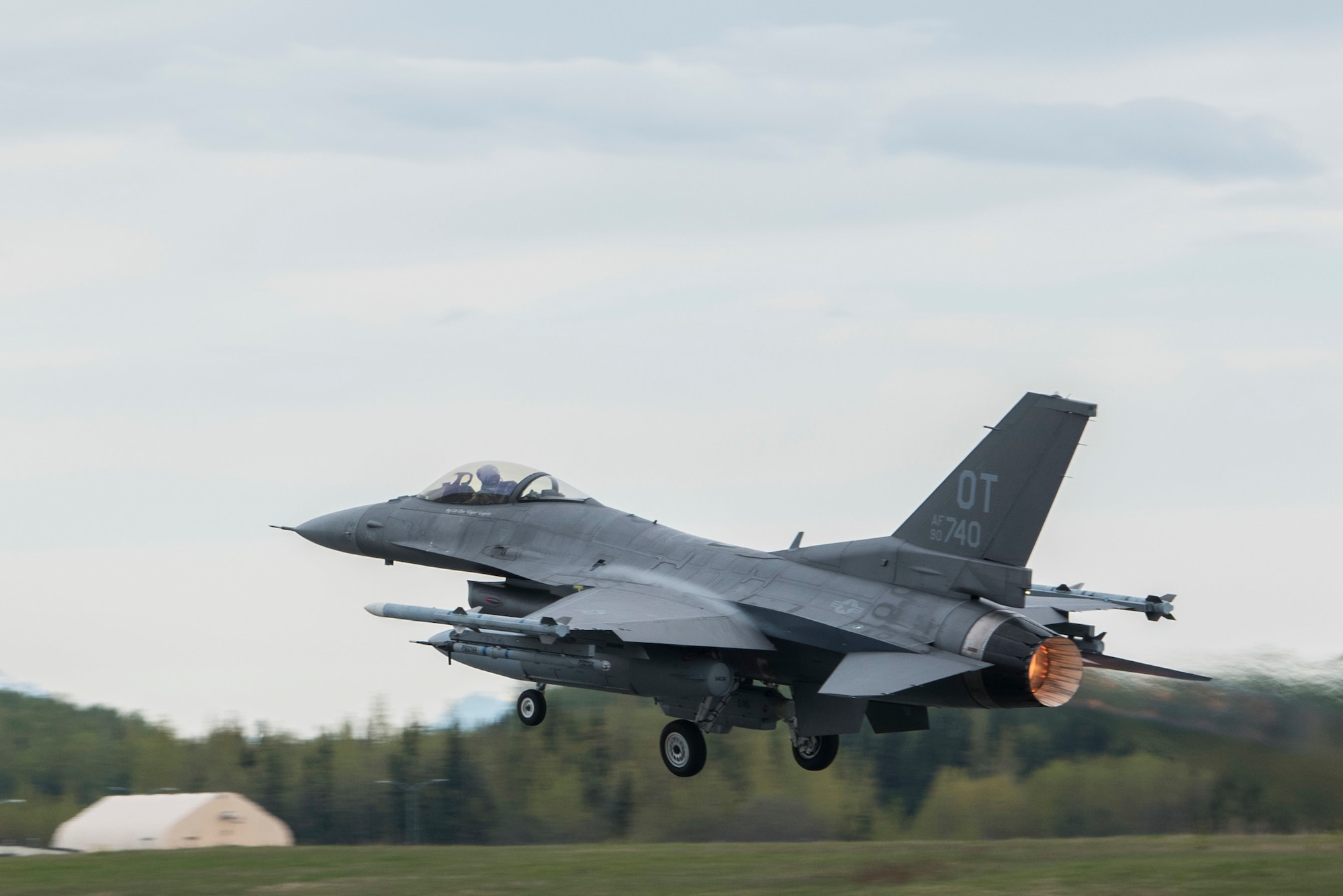A U.S. Air Force F-16 Fighting Falcon, assigned with Eglin Air Force Base, Fla., takes off during Exercise Northern Edge, May 14, 2019, Joint Base Elmendorf-Richardson, Alaska. More than 25 units and 10,000 personnel with approximately 200 aircraft and five naval ships are participating in the exercise. Northern Edge showcases the lethality of joint forces and the capabilities of U.S. forces in and around the Indo-Pacific region. (U.S. Air Force photo by Airman 1st Class Caitlin Russell)