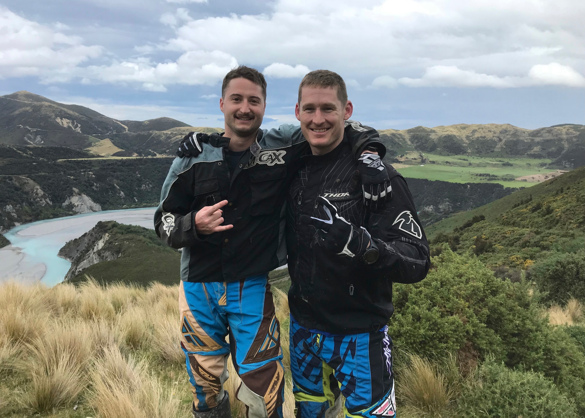 U.S. Air Force Capt. Jacob “Primo” Impellizzeri, left, the Pacific Air Forces F-16 Fighting Falcon Demonstration Team commander and pilot, and Maj. Richard “Punch” Smeeding, right, a 13th Fighter Squadron F-16 pilot, pause for a photo on a mountain in Christchurch, New Zealand, March 27, 2019. In Impellizzeri’s free time, he enjoys hiking, skiing, hunting, boating, fishing and snowboarding. (Courtesy photo)