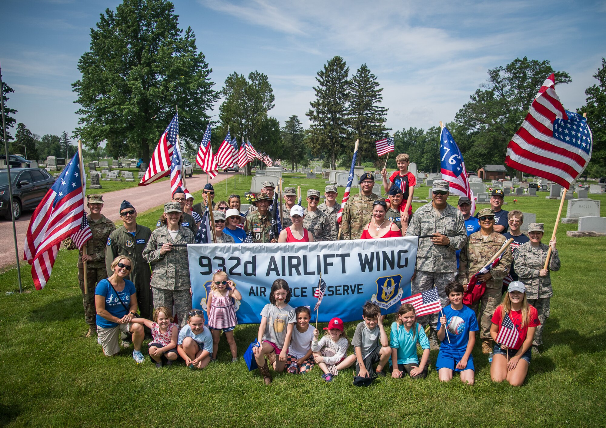 Reserve Citizen Airmen, from the 932nd Airlift Wing, are joined by family and friends to honor all fallen warriors during the Belleville Memorial Day Parade, May 27, 2019, Belleville, Illinois. (U.S. Air Force photo by Christopher Parr)