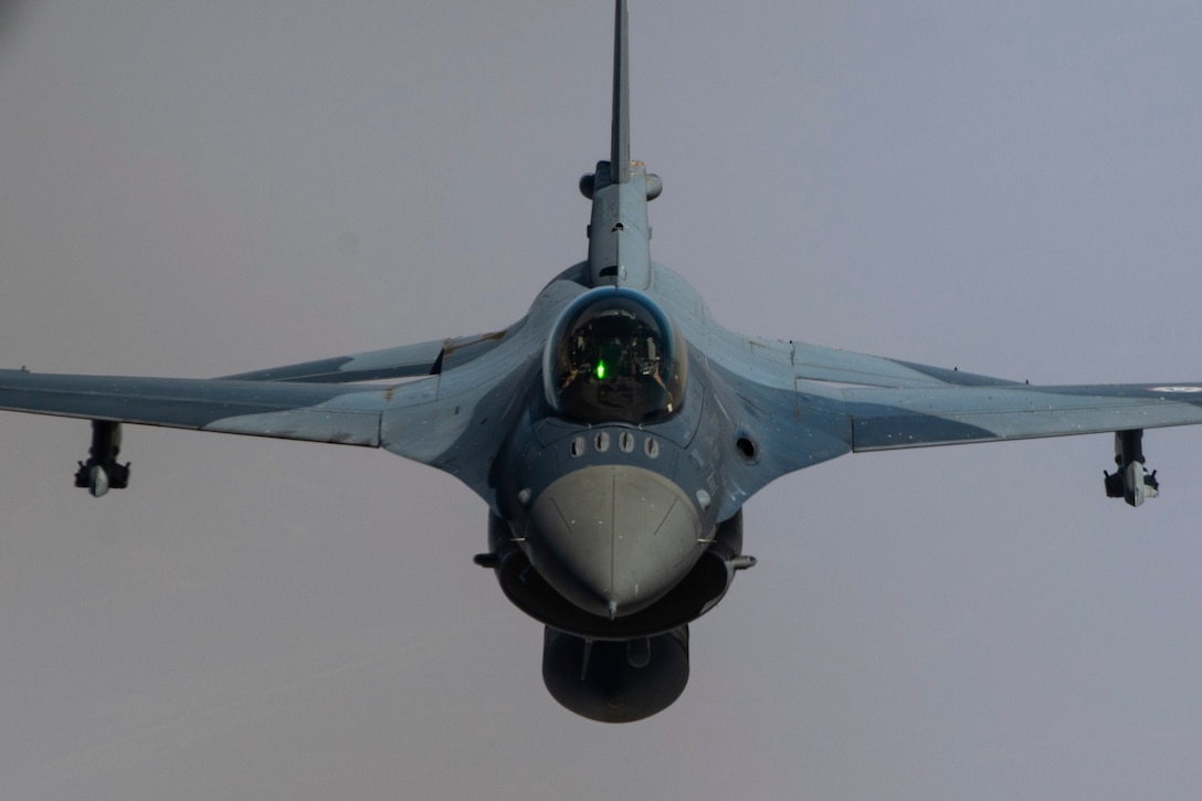 An Iraqi Air Force F-16 Fighting Falcon conducts training over Iraq May 26, 2019. The Coalition Aviation Advisory and Training Team in partnership with the Office of Security Cooperation-Iraq, provides training, advising and assistance in addition to building partner capacity for Iraqi Army Aviation Command, Iraqi Air Defense Command and the Iraqi Air Force.